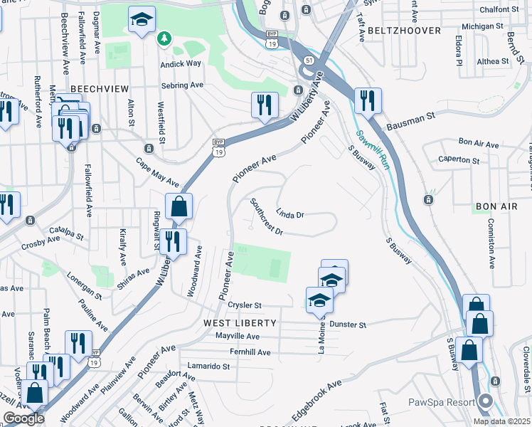 map of restaurants, bars, coffee shops, grocery stores, and more near 635 Southcrest Drive in Pittsburgh