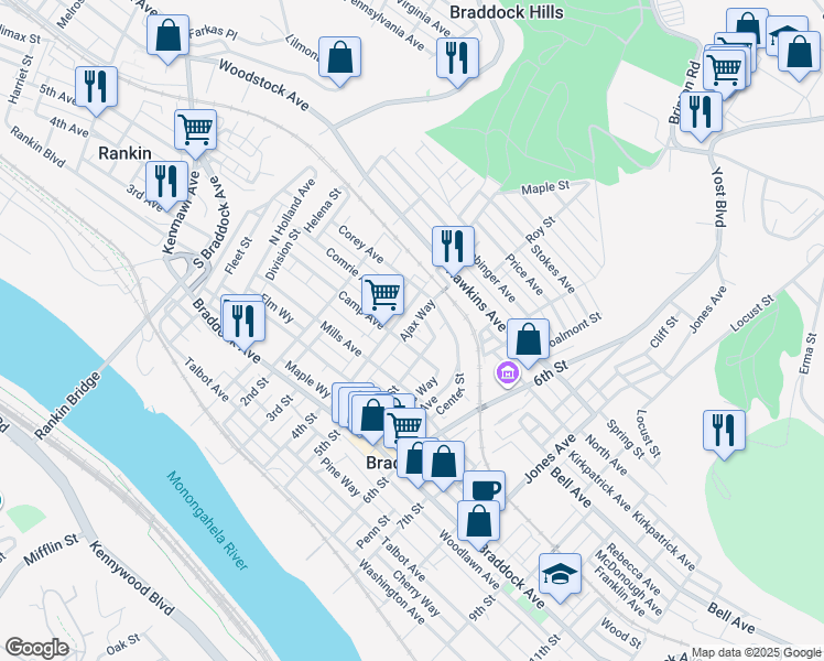 map of restaurants, bars, coffee shops, grocery stores, and more near 609 5th Street in Braddock