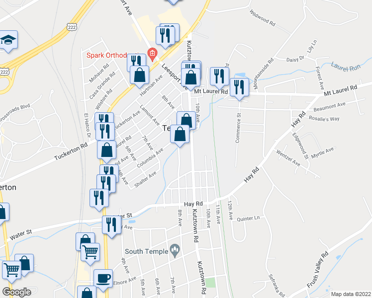 map of restaurants, bars, coffee shops, grocery stores, and more near 4822 Kutztown Road in Temple