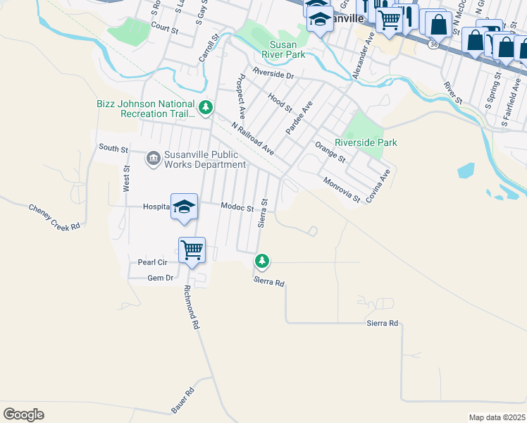 map of restaurants, bars, coffee shops, grocery stores, and more near 1301 Modoc Street in Susanville