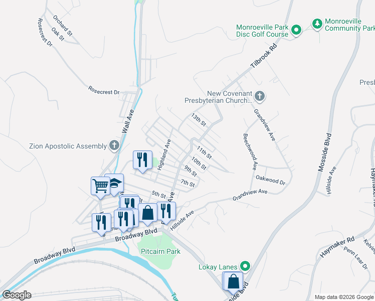 map of restaurants, bars, coffee shops, grocery stores, and more near 927 Brinton Avenue in Pitcairn