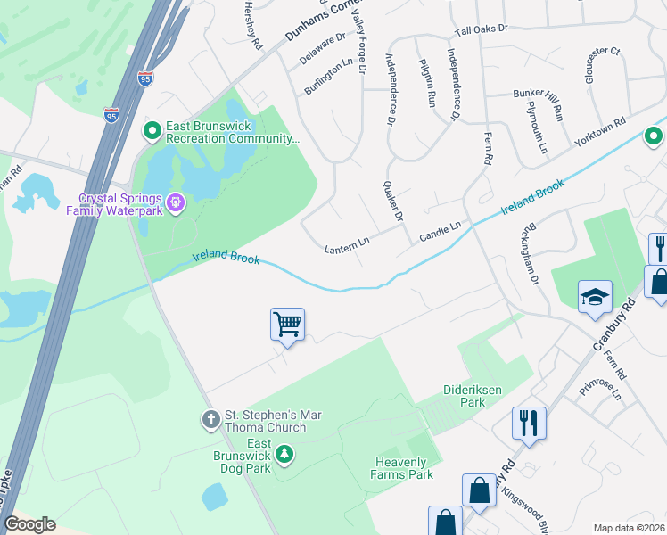 map of restaurants, bars, coffee shops, grocery stores, and more near 6 Betsy Ross Court in East Brunswick