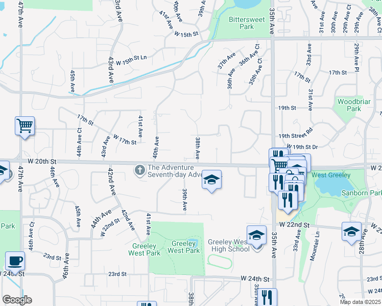 map of restaurants, bars, coffee shops, grocery stores, and more near 1999 38th Avenue in Greeley
