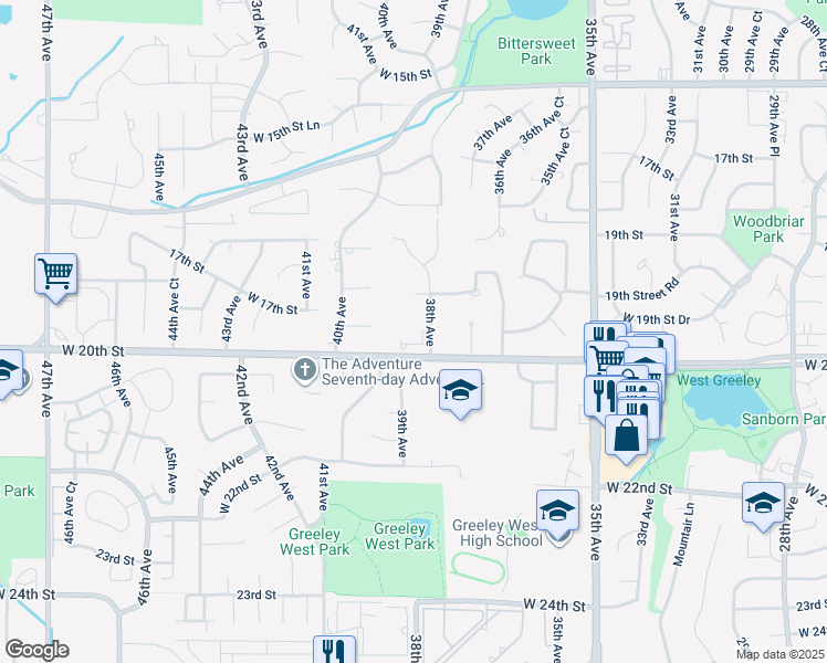 map of restaurants, bars, coffee shops, grocery stores, and more near 1999 38th Avenue in Greeley