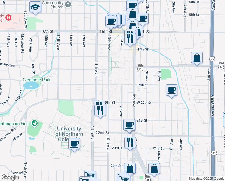 map of restaurants, bars, coffee shops, grocery stores, and more near 1910 10th Avenue in Greeley