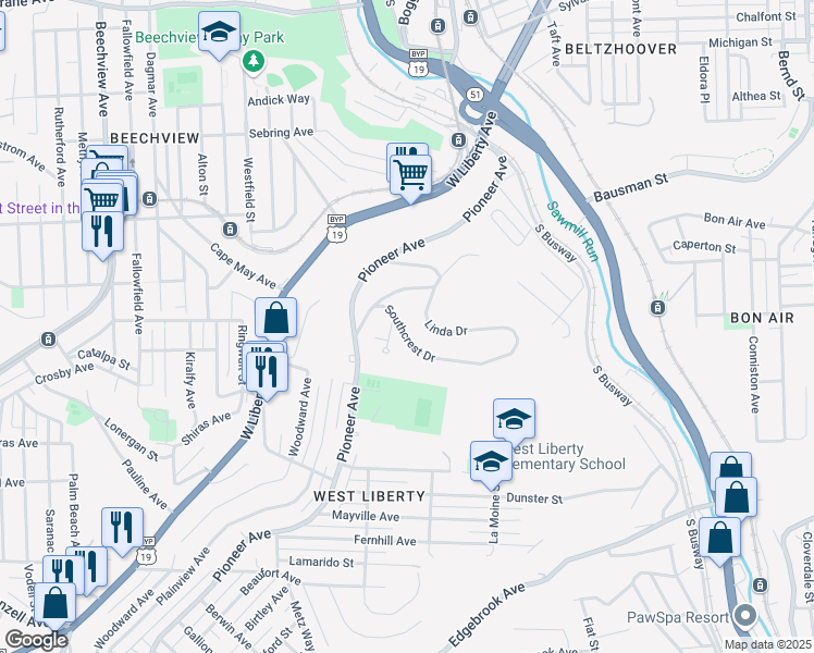 map of restaurants, bars, coffee shops, grocery stores, and more near 635 Southcrest Drive in Pittsburgh