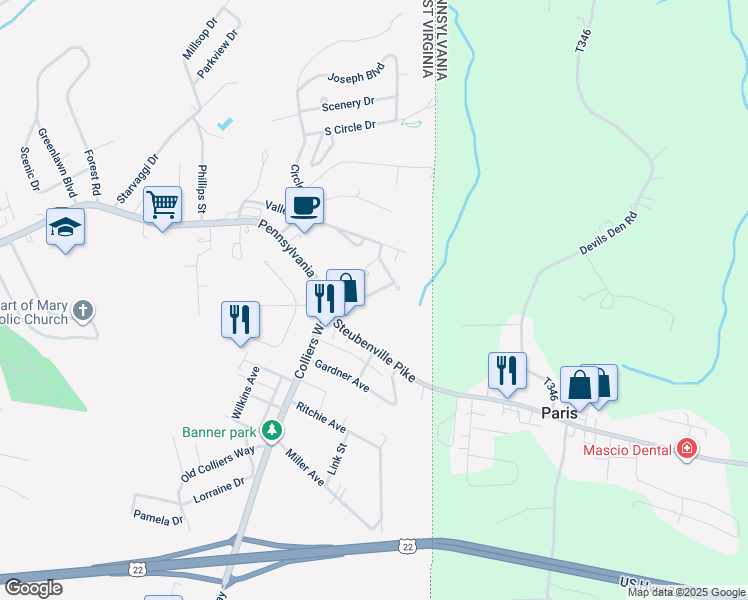 map of restaurants, bars, coffee shops, grocery stores, and more near 126 Karen Way in Weirton