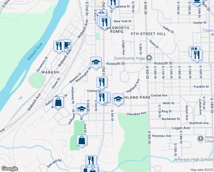 map of restaurants, bars, coffee shops, grocery stores, and more near 935 South 4th Street in Lafayette