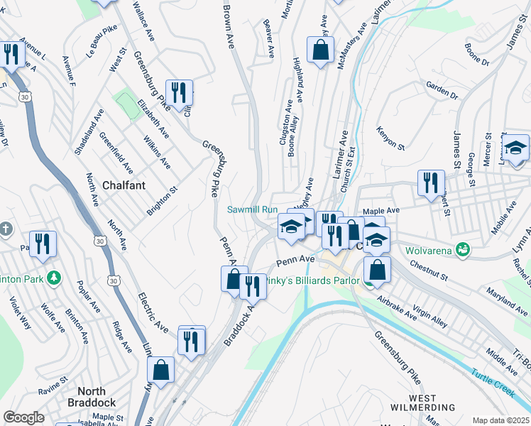 map of restaurants, bars, coffee shops, grocery stores, and more near 307 Highland Avenue in Turtle Creek