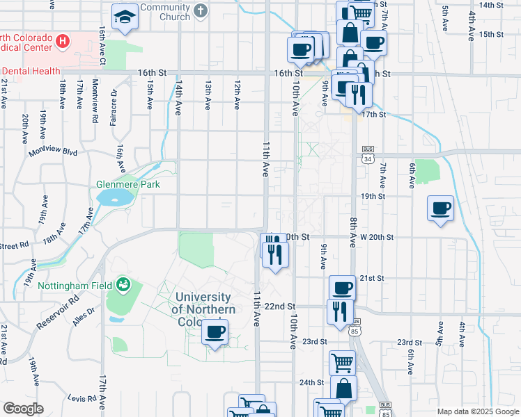 map of restaurants, bars, coffee shops, grocery stores, and more near 1915 11th Avenue in Greeley