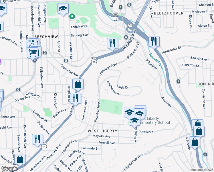 map of restaurants, bars, coffee shops, grocery stores, and more near 622 Southcrest Court in Pittsburgh