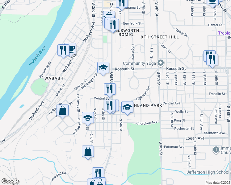map of restaurants, bars, coffee shops, grocery stores, and more near 935 South 4th Street in Lafayette