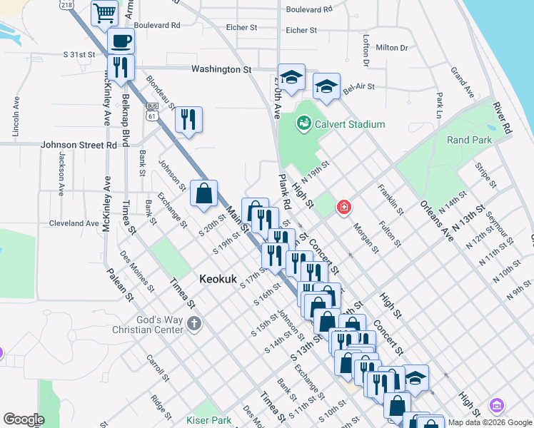 map of restaurants, bars, coffee shops, grocery stores, and more near 1812 Blondeau Street in Keokuk