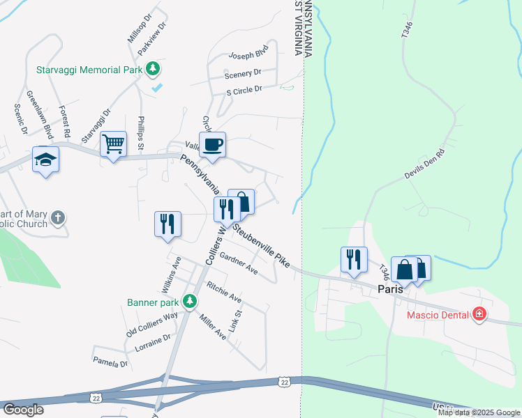 map of restaurants, bars, coffee shops, grocery stores, and more near 124 Karen Way in Weirton