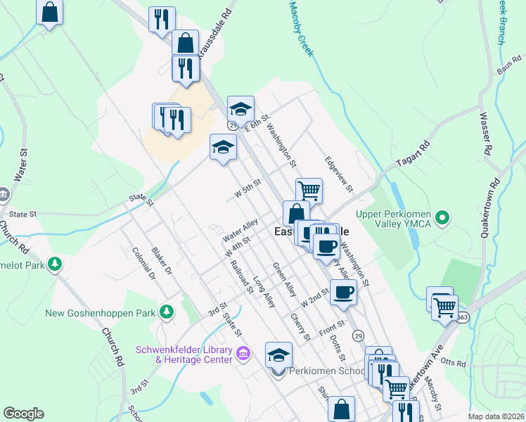 map of restaurants, bars, coffee shops, grocery stores, and more near 413 Jefferson Street in East Greenville