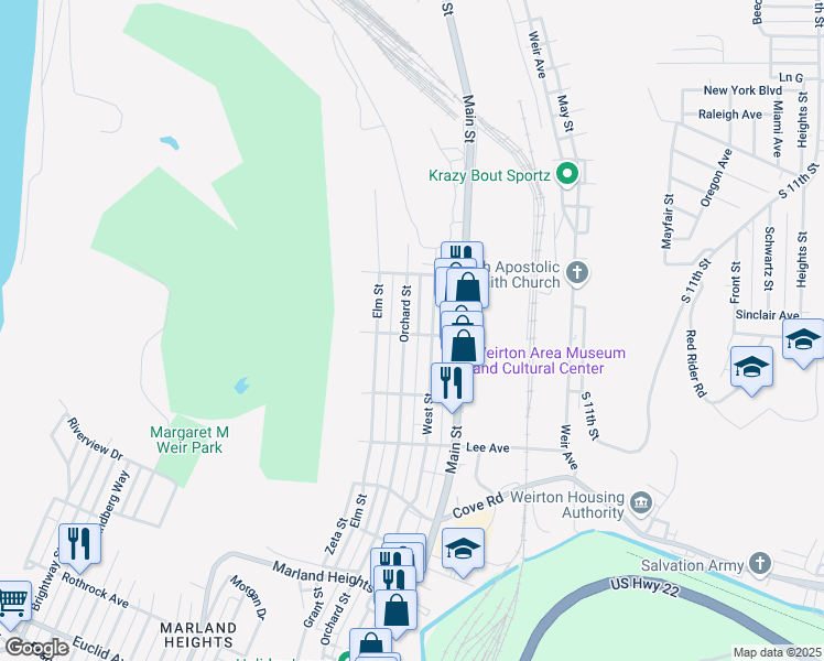 map of restaurants, bars, coffee shops, grocery stores, and more near 3110 Orchard Street in Weirton