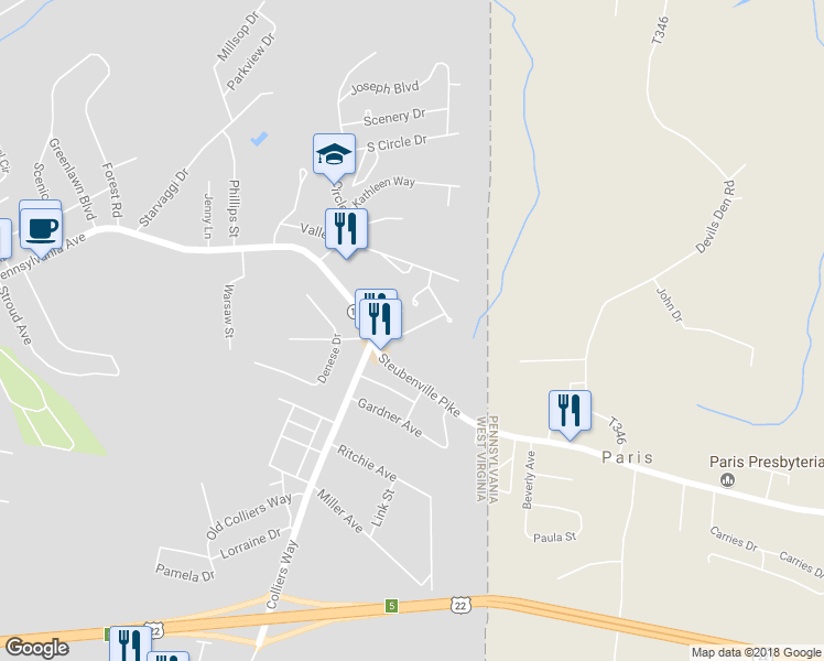 map of restaurants, bars, coffee shops, grocery stores, and more near 122 Karen Way in Weirton