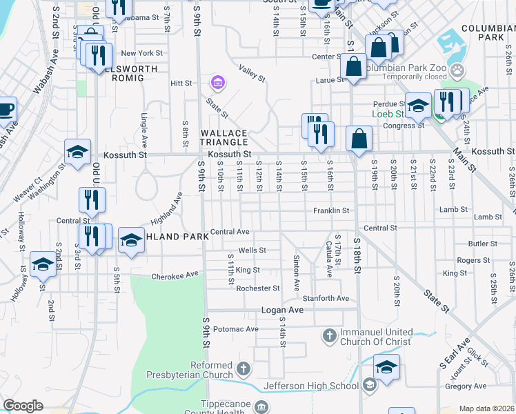 map of restaurants, bars, coffee shops, grocery stores, and more near 1008 South 12th Street in Lafayette