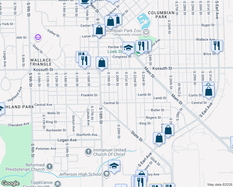 map of restaurants, bars, coffee shops, grocery stores, and more near 1015 South 20th Street in Lafayette