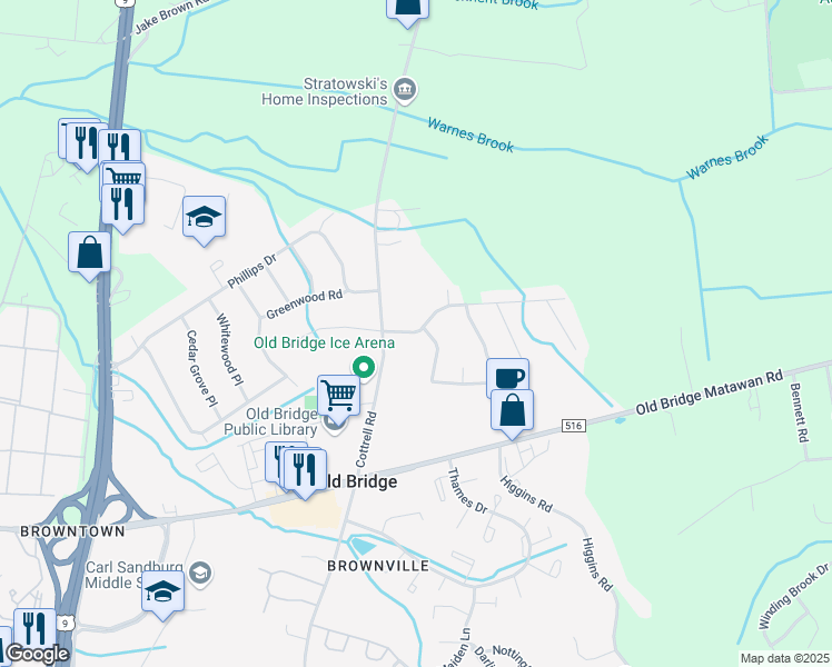 map of restaurants, bars, coffee shops, grocery stores, and more near 65 Old Bridge Plaza in Matawan