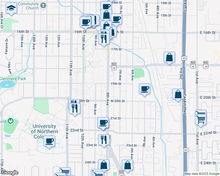 map of restaurants, bars, coffee shops, grocery stores, and more near 1920 U.S. 85 Business in Greeley