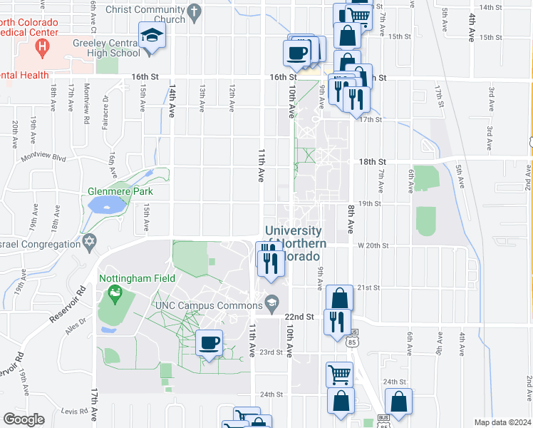 map of restaurants, bars, coffee shops, grocery stores, and more near in Greeley