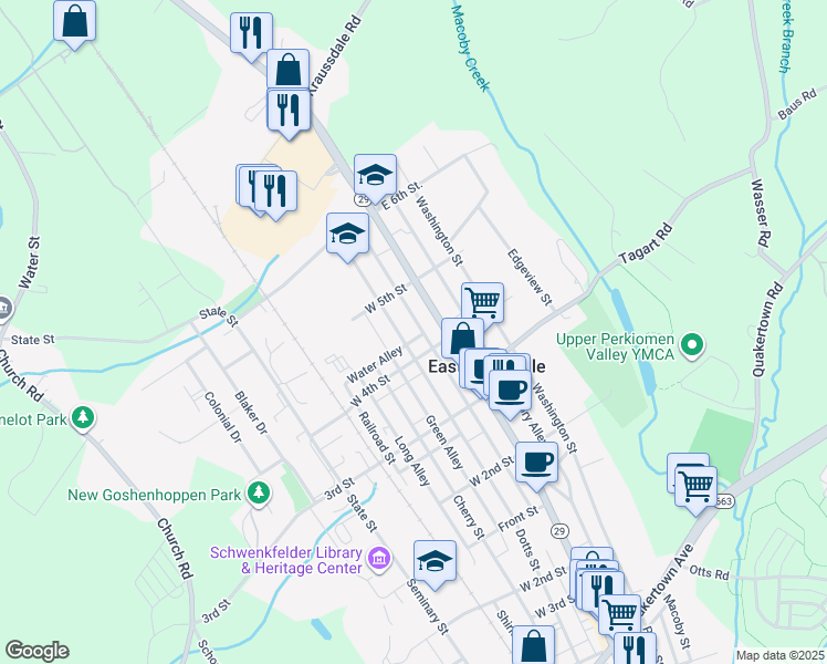 map of restaurants, bars, coffee shops, grocery stores, and more near 404 Main Street in East Greenville