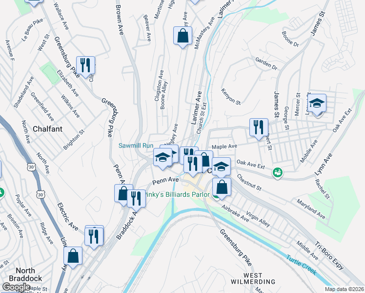 map of restaurants, bars, coffee shops, grocery stores, and more near 321 Thompson Street in Turtle Creek