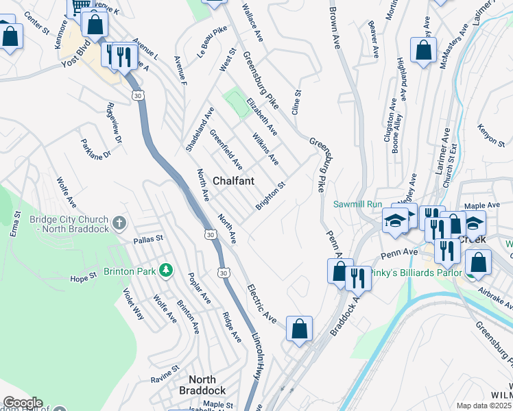 map of restaurants, bars, coffee shops, grocery stores, and more near in East Pittsburgh