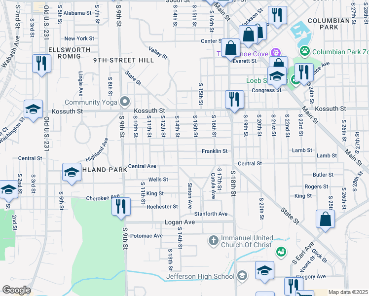map of restaurants, bars, coffee shops, grocery stores, and more near 1401 Franklin Street in Lafayette