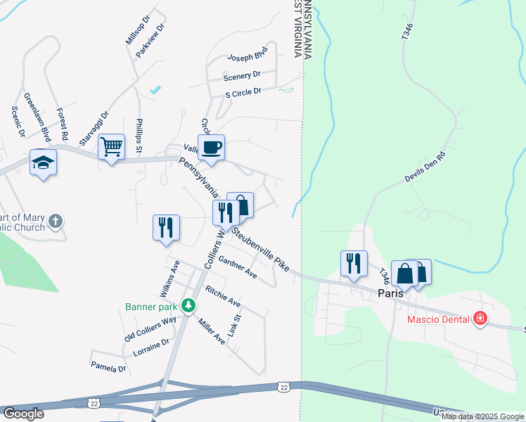 map of restaurants, bars, coffee shops, grocery stores, and more near 126 Karen Way in Weirton