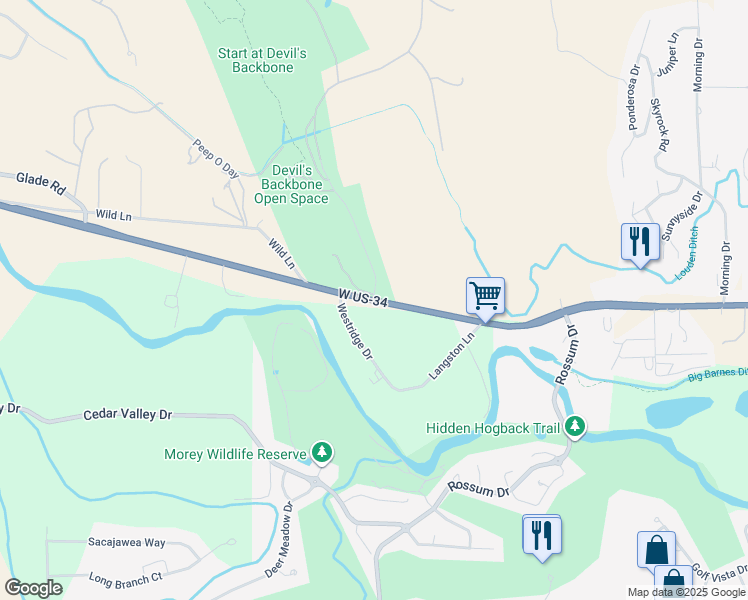 map of restaurants, bars, coffee shops, grocery stores, and more near 5199 West Eisenhower Boulevard in Loveland