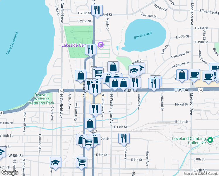 map of restaurants, bars, coffee shops, grocery stores, and more near 430 East Eisenhower Boulevard in Loveland