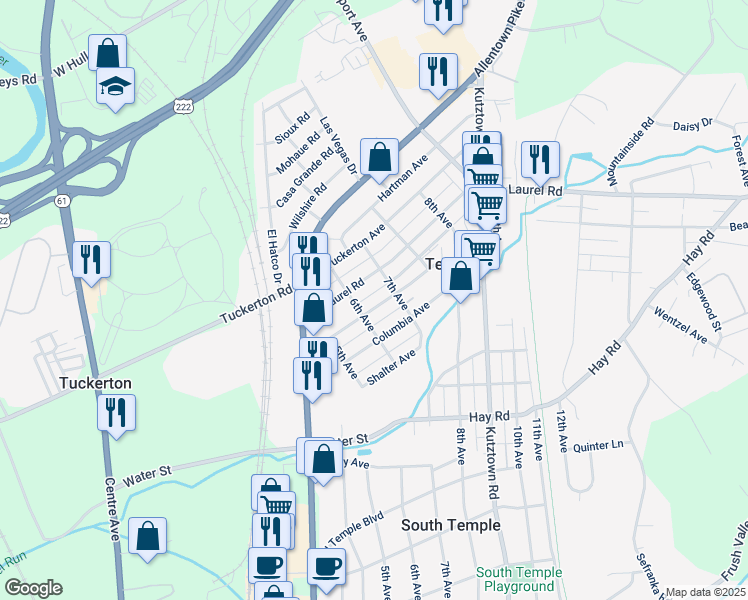 map of restaurants, bars, coffee shops, grocery stores, and more near 619 Euclid Avenue in Temple