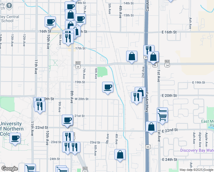 map of restaurants, bars, coffee shops, grocery stores, and more near in Greeley
