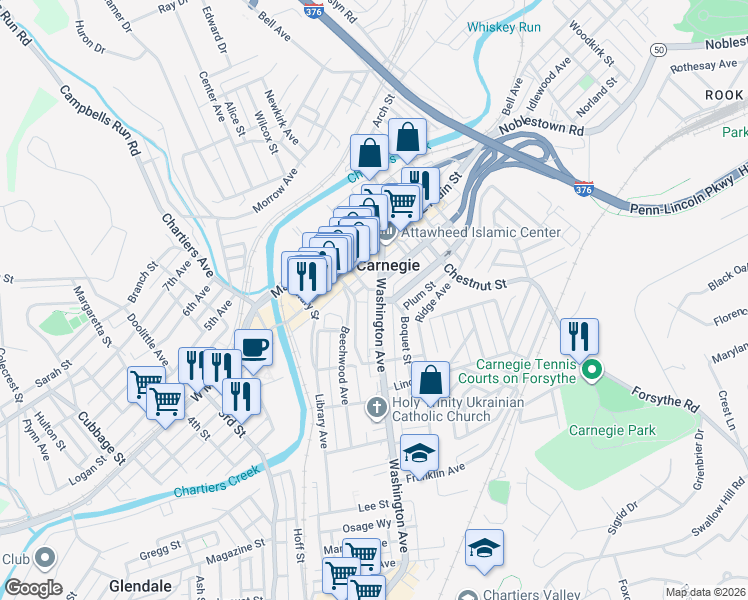 map of restaurants, bars, coffee shops, grocery stores, and more near 533 Washington Avenue in Carnegie