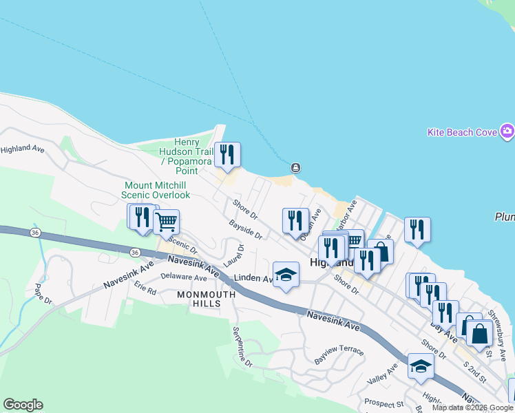 map of restaurants, bars, coffee shops, grocery stores, and more near 328 Shore Drive in Highlands