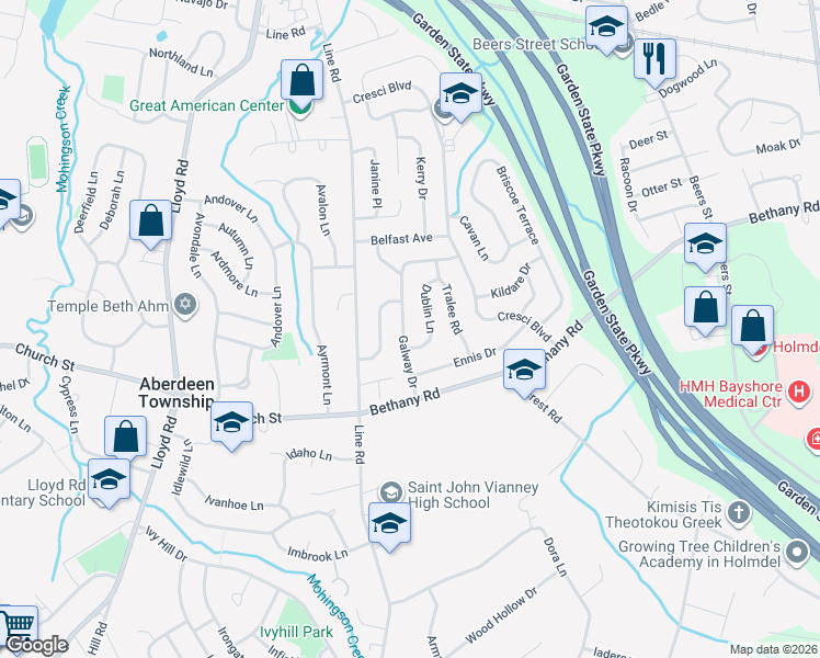 map of restaurants, bars, coffee shops, grocery stores, and more near 23 Dublin Lane in Hazlet