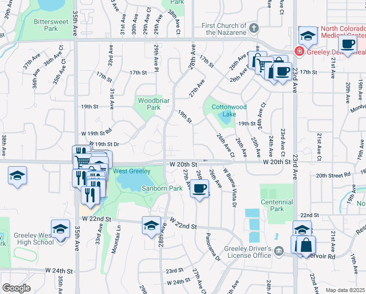 map of restaurants, bars, coffee shops, grocery stores, and more near 2702 West 19th Street Drive in Greeley