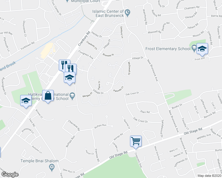 map of restaurants, bars, coffee shops, grocery stores, and more near 201 Palombi Court in East Brunswick