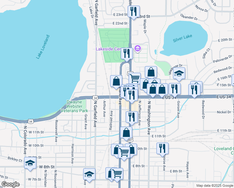 map of restaurants, bars, coffee shops, grocery stores, and more near 1355 Cleveland Avenue in Loveland