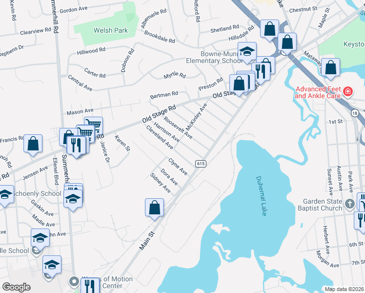 map of restaurants, bars, coffee shops, grocery stores, and more near 23 Harrison Avenue in East Brunswick
