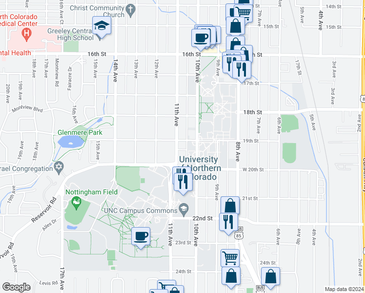 map of restaurants, bars, coffee shops, grocery stores, and more near in Greeley