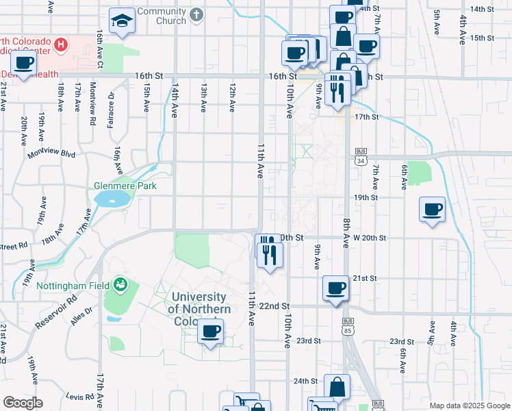 map of restaurants, bars, coffee shops, grocery stores, and more near 1931 11th Avenue in Greeley