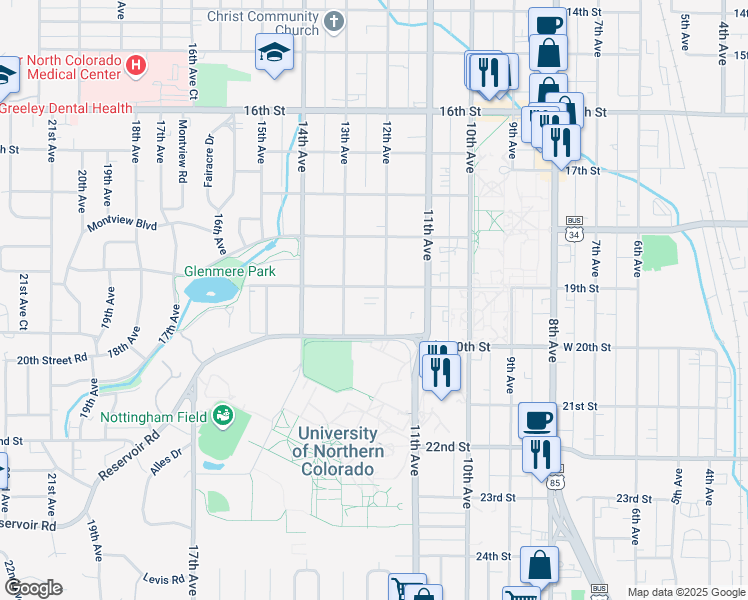 map of restaurants, bars, coffee shops, grocery stores, and more near 1925 12th Avenue in Greeley