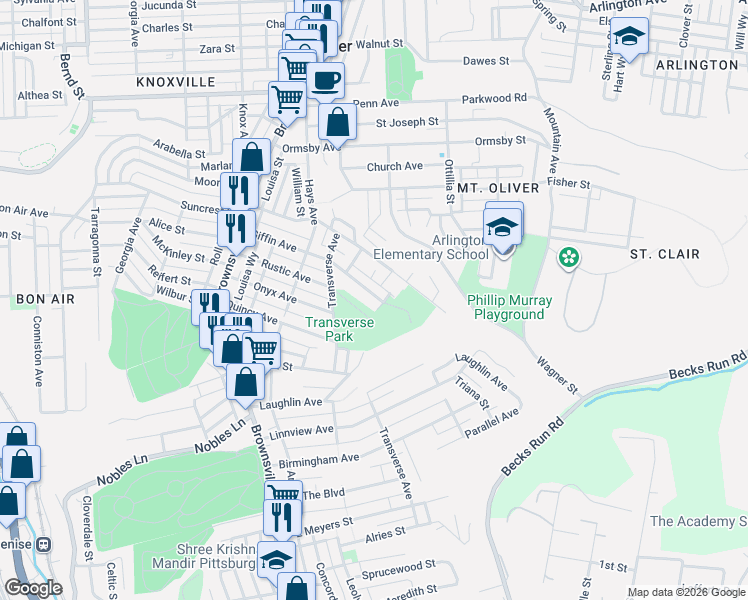 map of restaurants, bars, coffee shops, grocery stores, and more near 535 Giffin Avenue in Pittsburgh