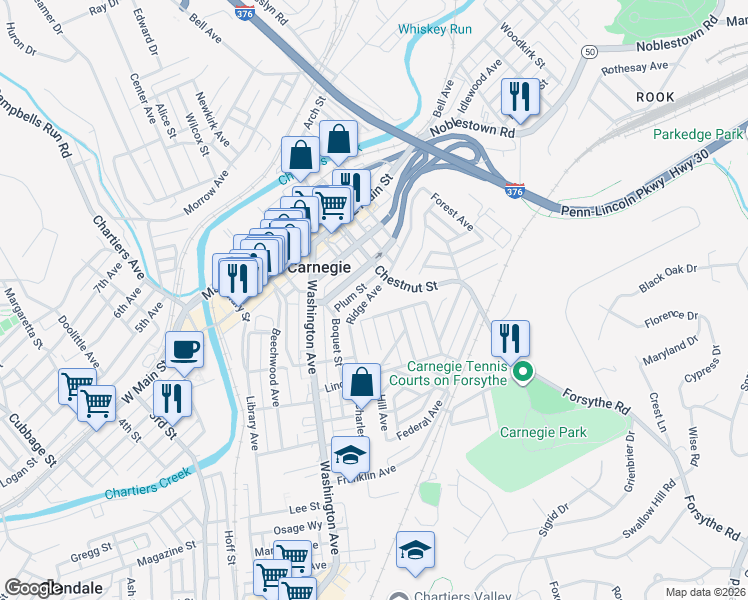 map of restaurants, bars, coffee shops, grocery stores, and more near 428 Dawson Avenue in Carnegie
