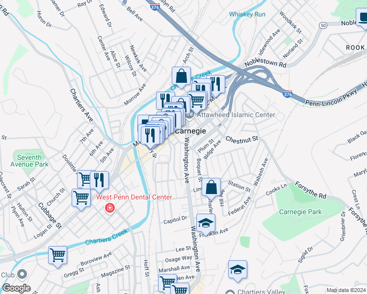 map of restaurants, bars, coffee shops, grocery stores, and more near 533 Washington Avenue in Carnegie