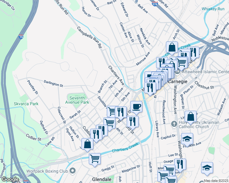 map of restaurants, bars, coffee shops, grocery stores, and more near 306 6th Avenue in Carnegie