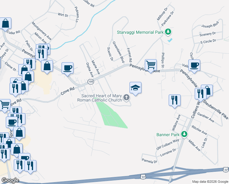 map of restaurants, bars, coffee shops, grocery stores, and more near 146 Preston Avenue in Weirton